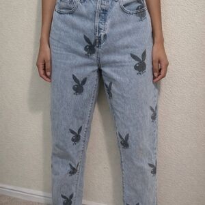 PacSun Light Blue Straight Leg Jeans with Black Bunny Print